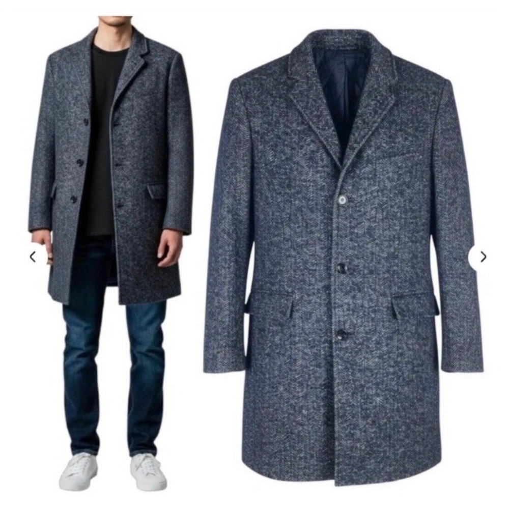 J.Crew Thompson Navy Herringbone Wool Blend Quilted Lining Topcoat 34 Preppy